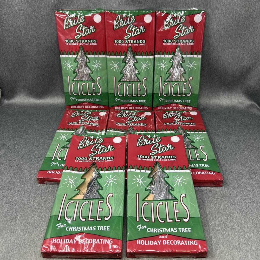 NOS 8pc Lot Brite Star Silver Tinsel Icicles Christmas Tree Decor USA
